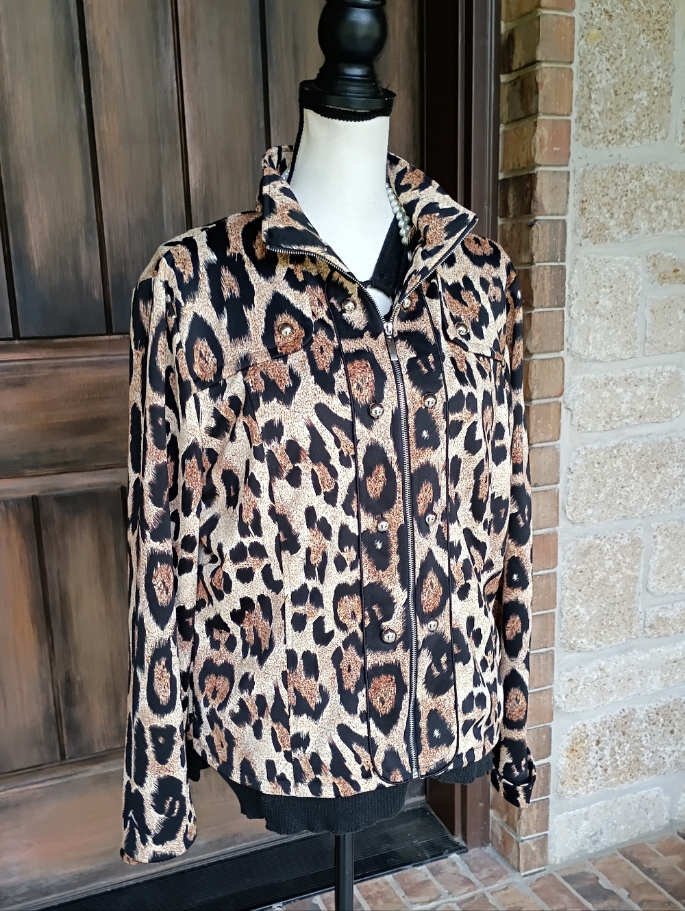 Lisa International Leopard Print Gold Studded Jacket
